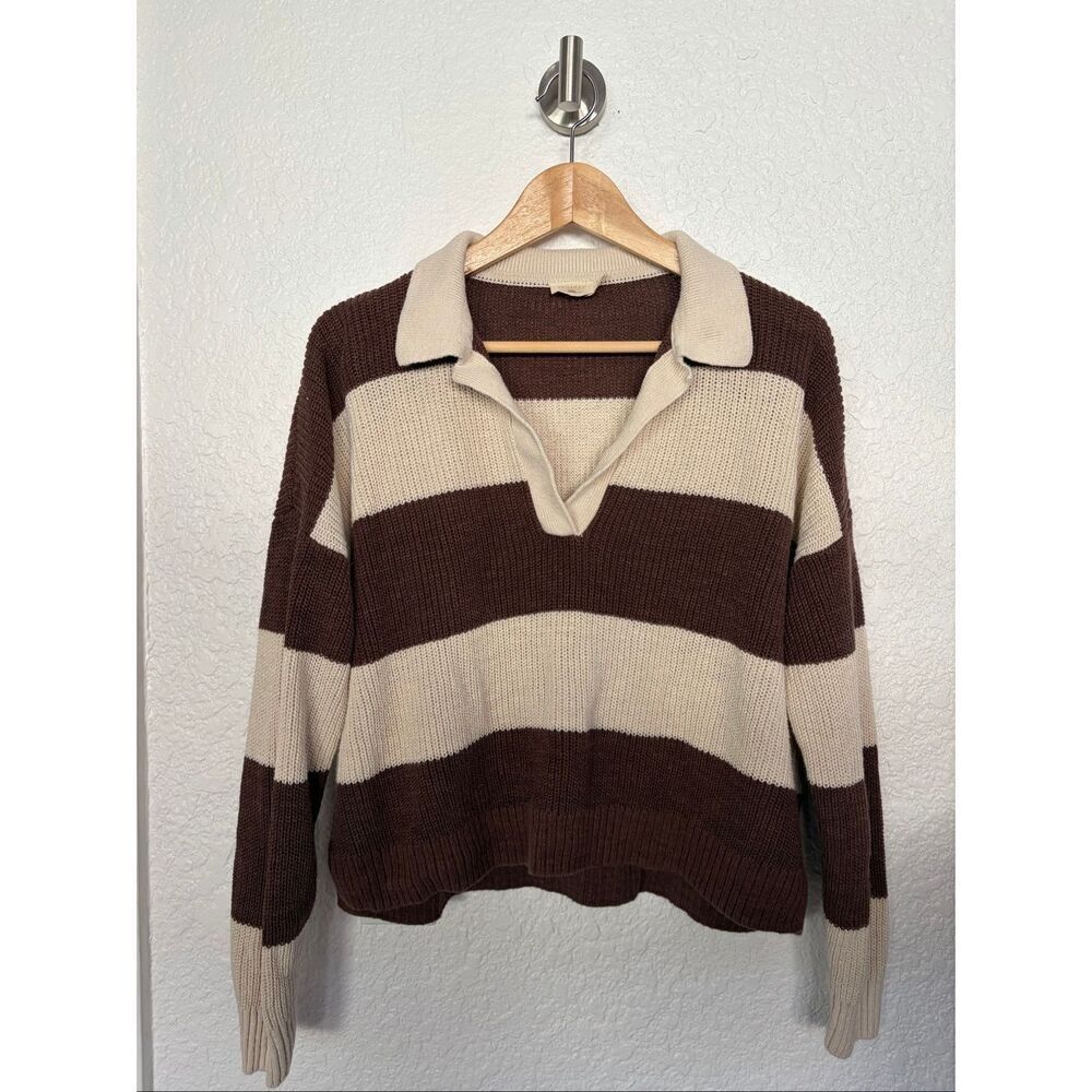 Faherty Miramar Linen Polo Sweater in Cocoa Rugby Stripe Cream, Brown Size L - Picture 5 of 12